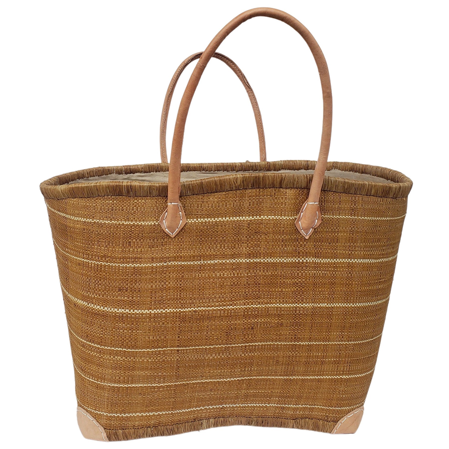 41 of 59: Adjanie: Authentic Madagascar Raffia and Leather Tote Bag (Brown Stripe)