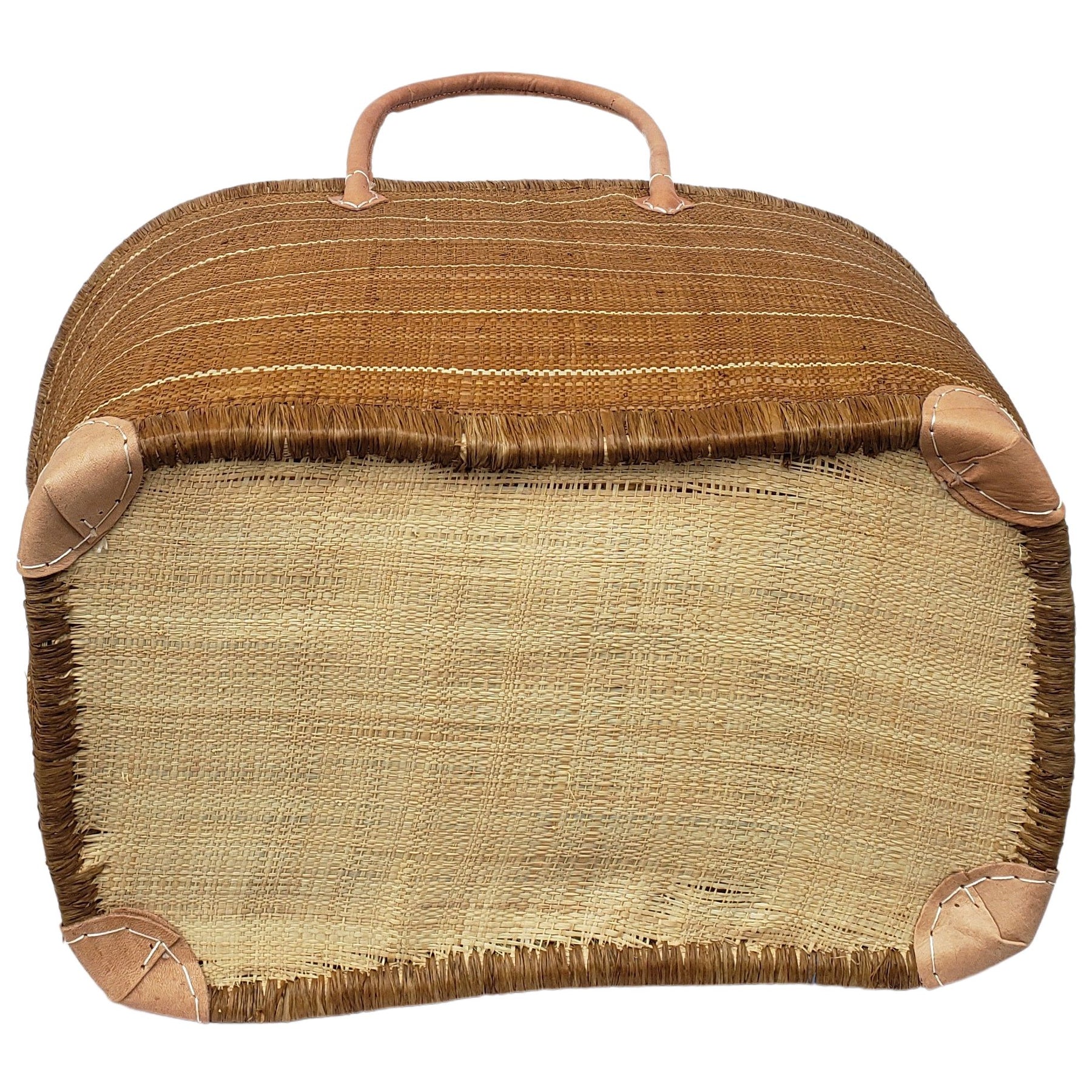 42 of 59: Adjanie: Authentic Madagascar Raffia and Leather Tote Bag (Brown Stripe)