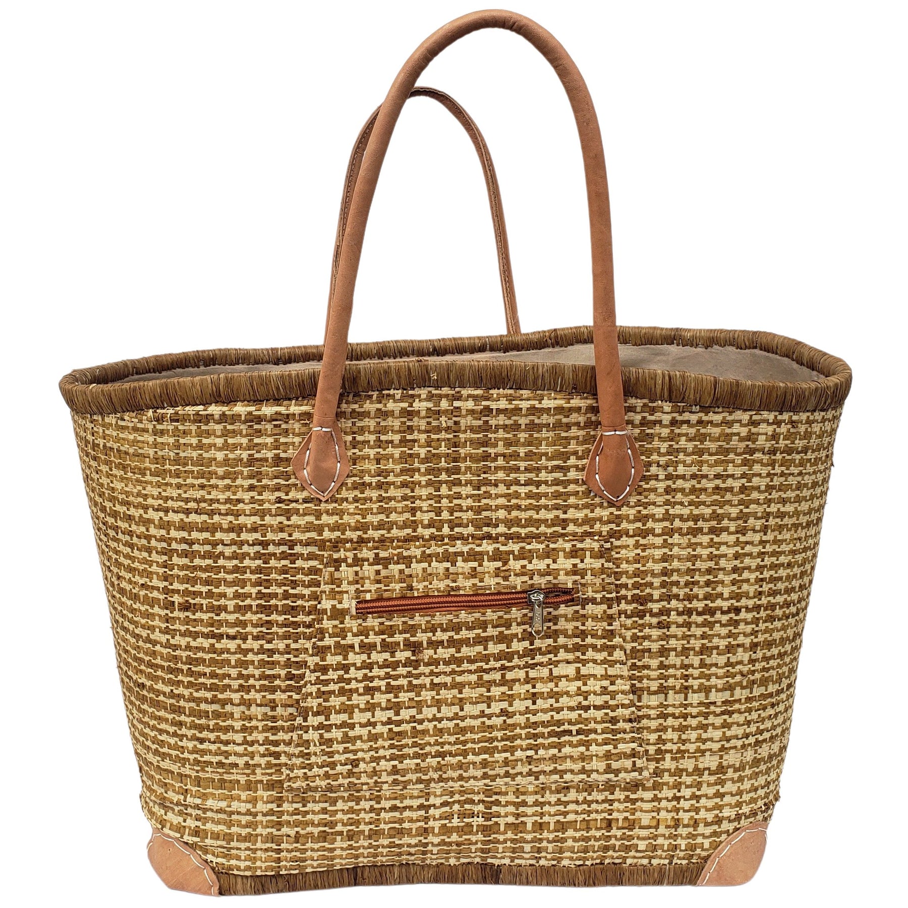 45 of 59: Adjanie: Authentic Madagascar Raffia and Leather Tote Bag (Natural and Brown)