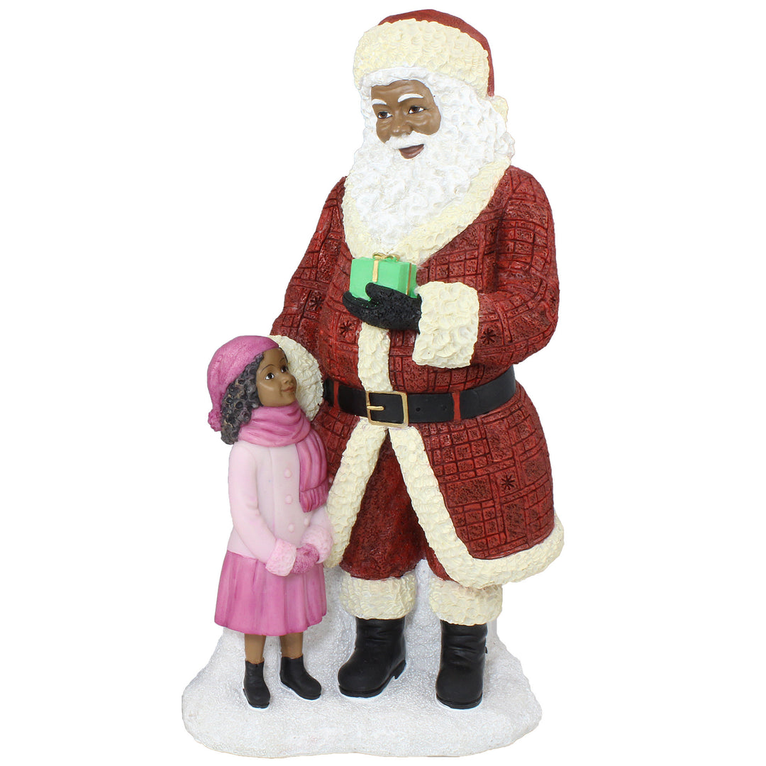 African American Santa Claus Standing with Girl Figurine