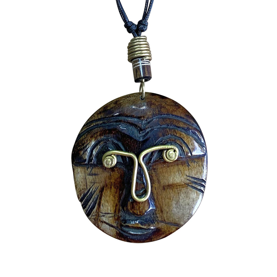 Round Head: Authentic African Mask Bone & Brass Pendant Necklace