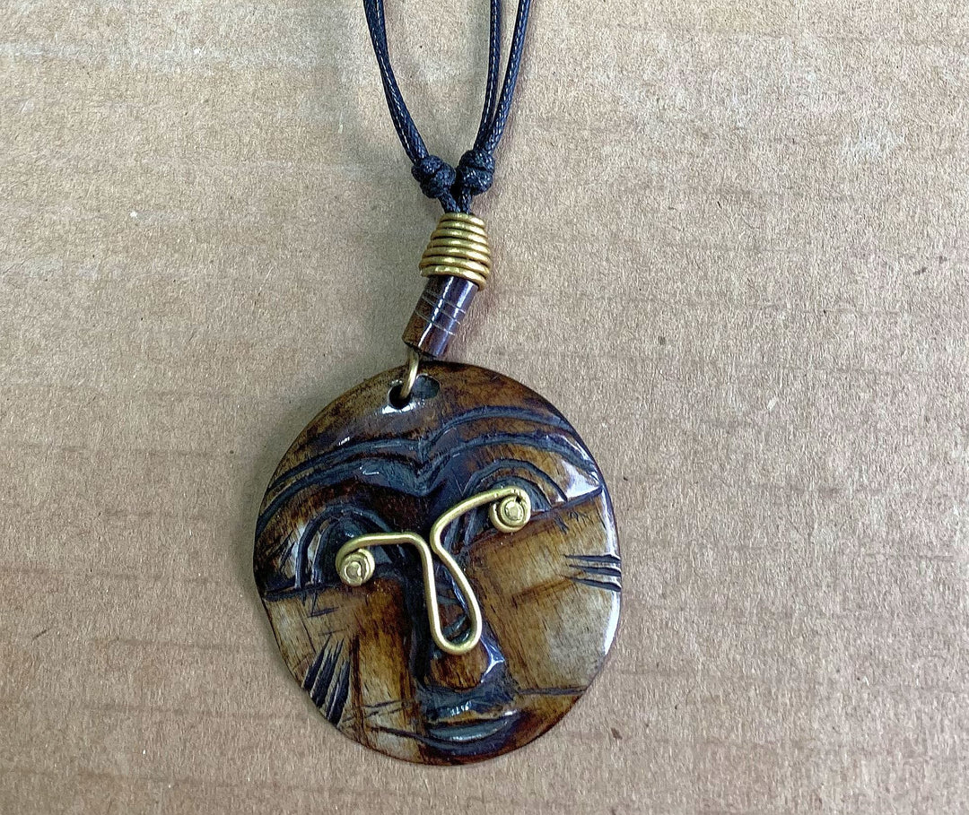 Round Head: Authentic African Mask Bone & Brass Pendant Necklace