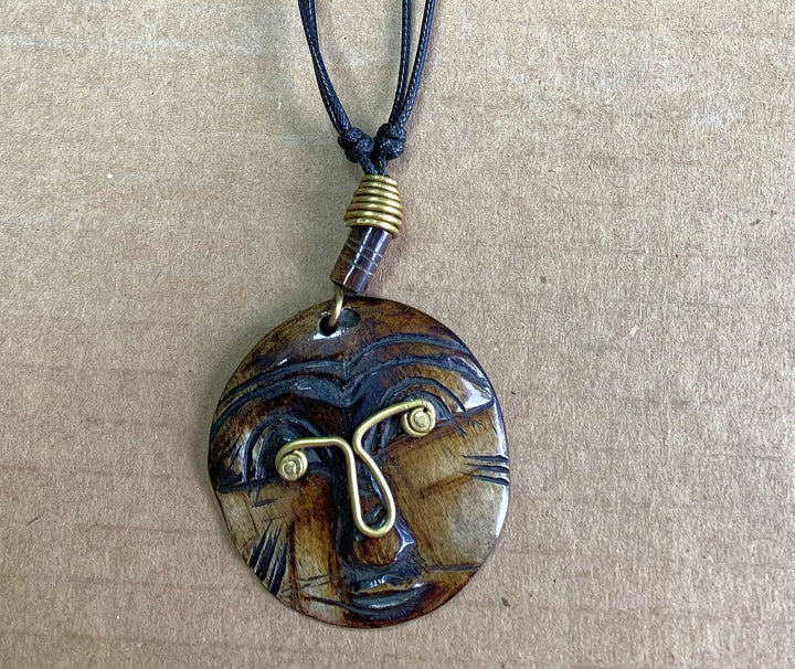 Round Head: Authentic African Mask Bone & Brass Pendant Necklace