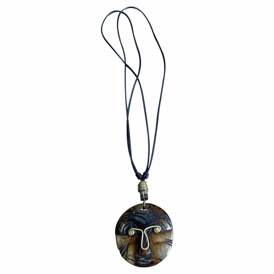Round Head: Authentic African Mask Bone & Brass Pendant Necklace