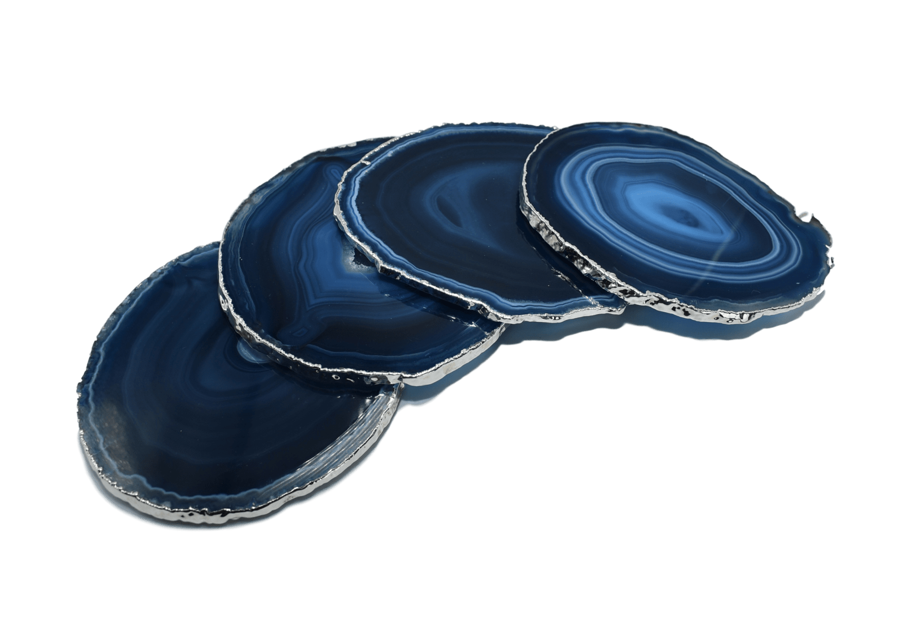 Premium Natural Agate Gemstone Coasters with Silver Trim (Set of 4