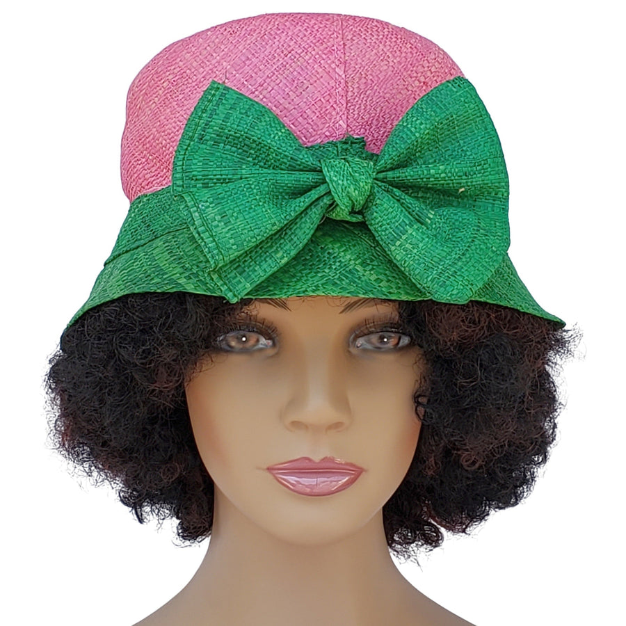 Ivy: Handwoven Pink & Green Madagascar Bell Shaped Raffia Hat with Bow