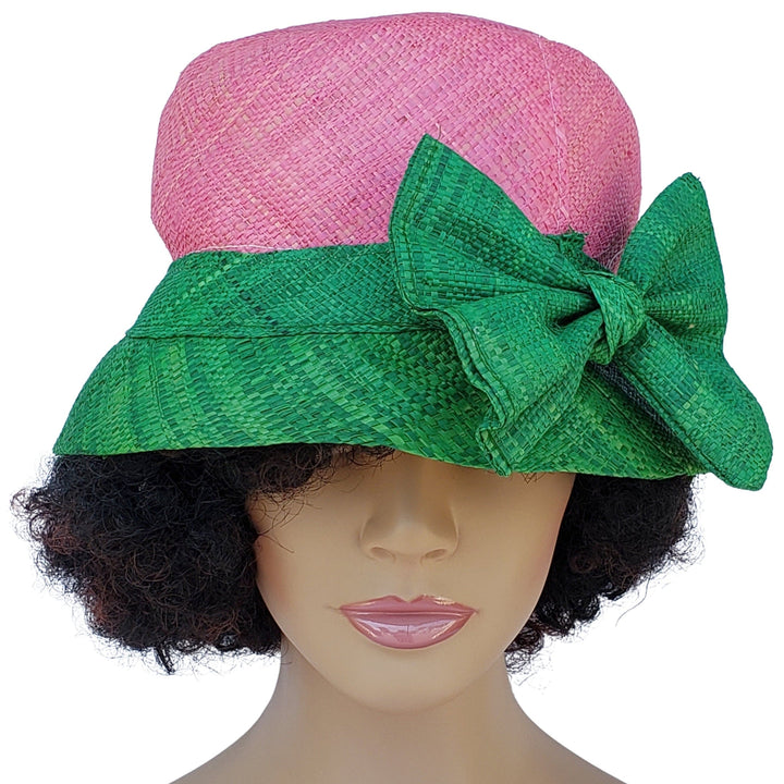 Ivy: Handwoven Pink & Green Madagascar Bell Shaped Raffia Hat with Bow