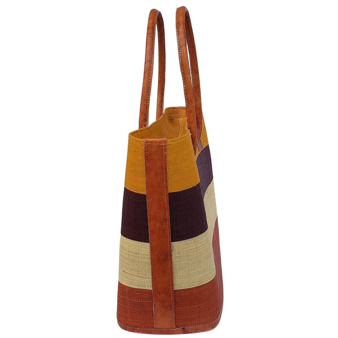 Ange: Hand Woven Raffia and Leather Madagascar Three Stripe Hand Bag (Burnt Orange)