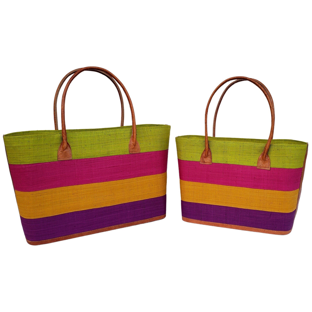 Ange: Hand Woven Raffia and Leather Madagascar Three Stripe Hand Bag (Light Green)