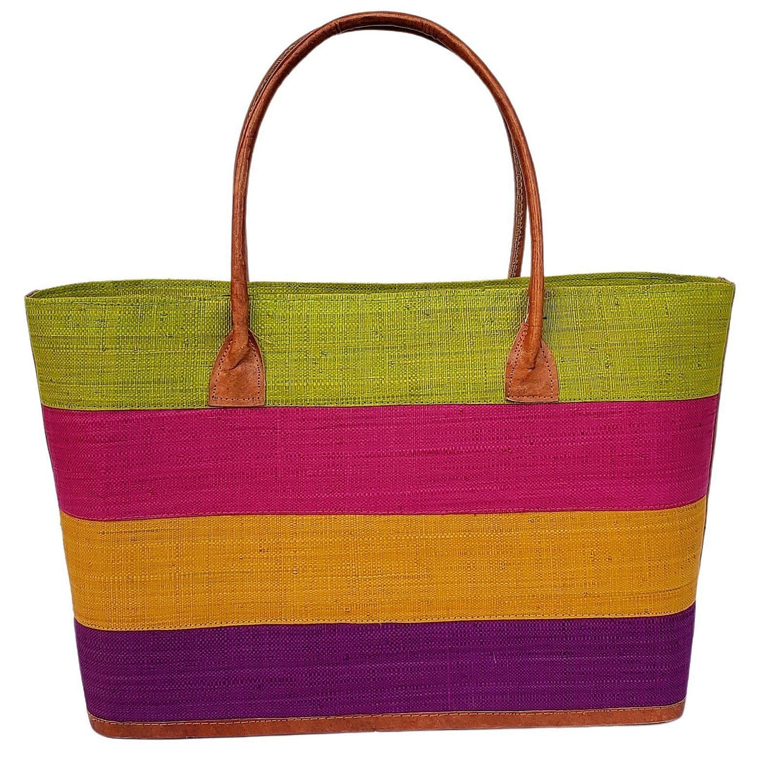 Ange: Hand Woven Raffia and Leather Madagascar Three Stripe Hand Bag (Light Green)