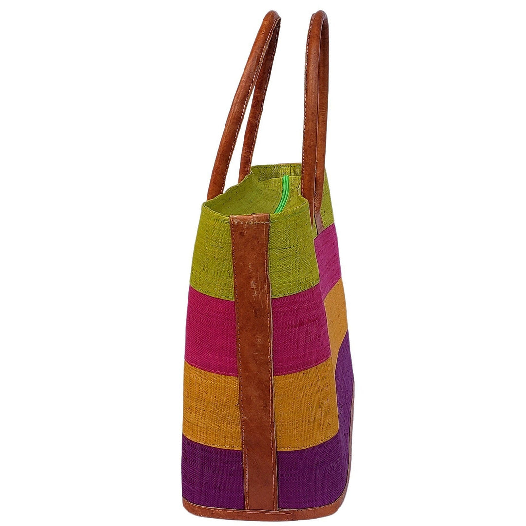 Ange: Hand Woven Raffia and Leather Madagascar Three Stripe Hand Bag (Light Green)