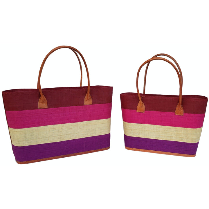 Ange: Hand Woven Raffia and Leather Madagascar Three Stripe Hand Bag (Purple)