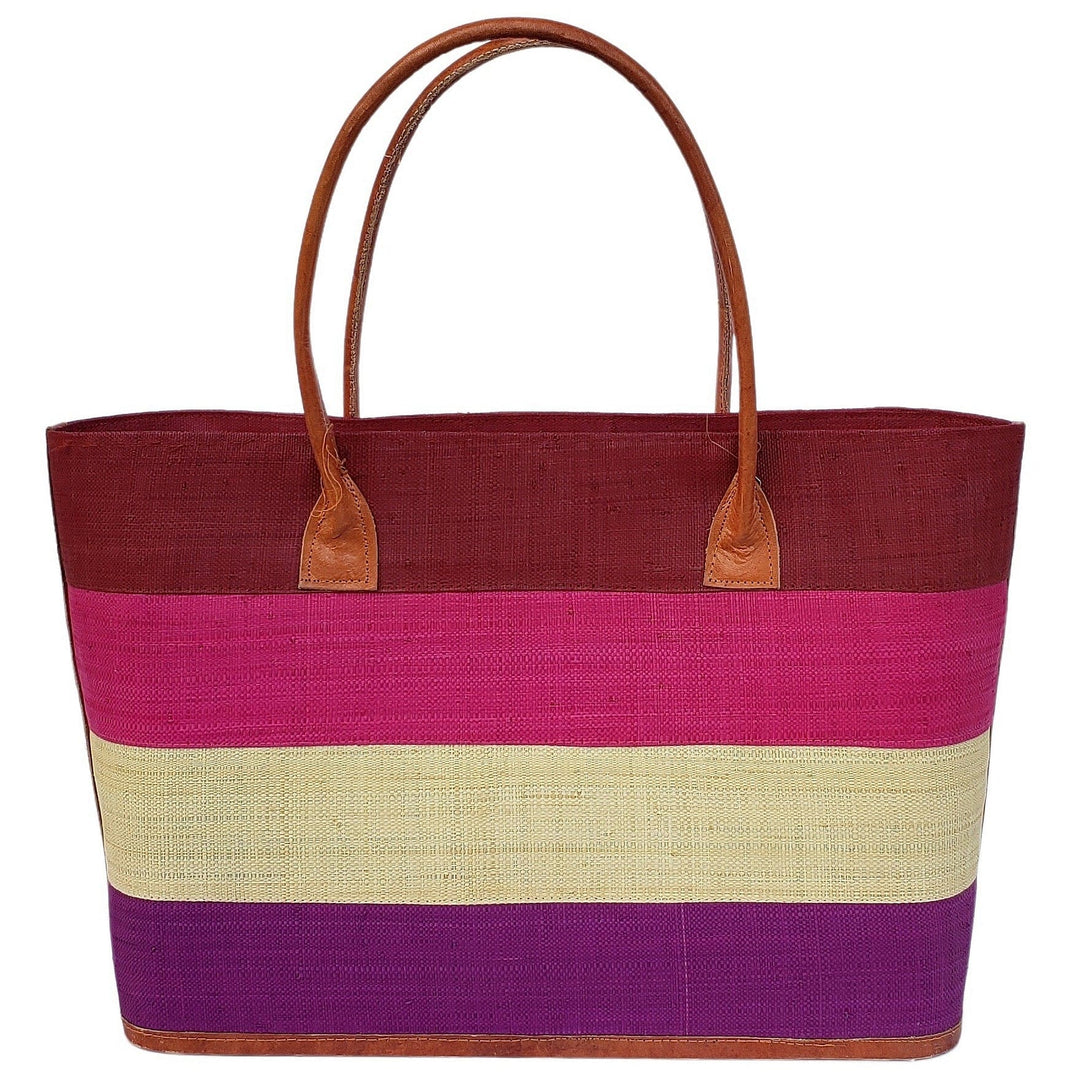 Ange: Hand Woven Raffia and Leather Madagascar Three Stripe Hand Bag (Purple)