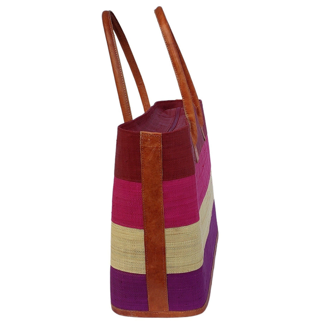 Ange: Hand Woven Raffia and Leather Madagascar Three Stripe Hand Bag (Purple)