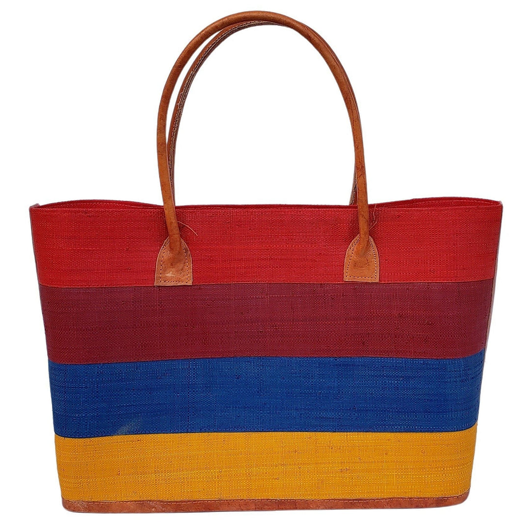 Ange: Hand Woven Raffia and Leather Madagascar Three Stripe Hand Bag (Red)