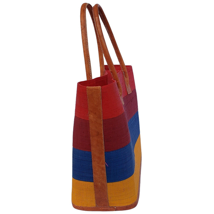 Ange: Hand Woven Raffia and Leather Madagascar Three Stripe Hand Bag (Red)
