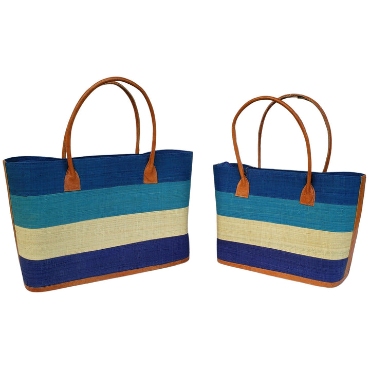 Ange: Hand Woven Raffia and Leather Madagascar Three Stripe Hand Bag (Blue)