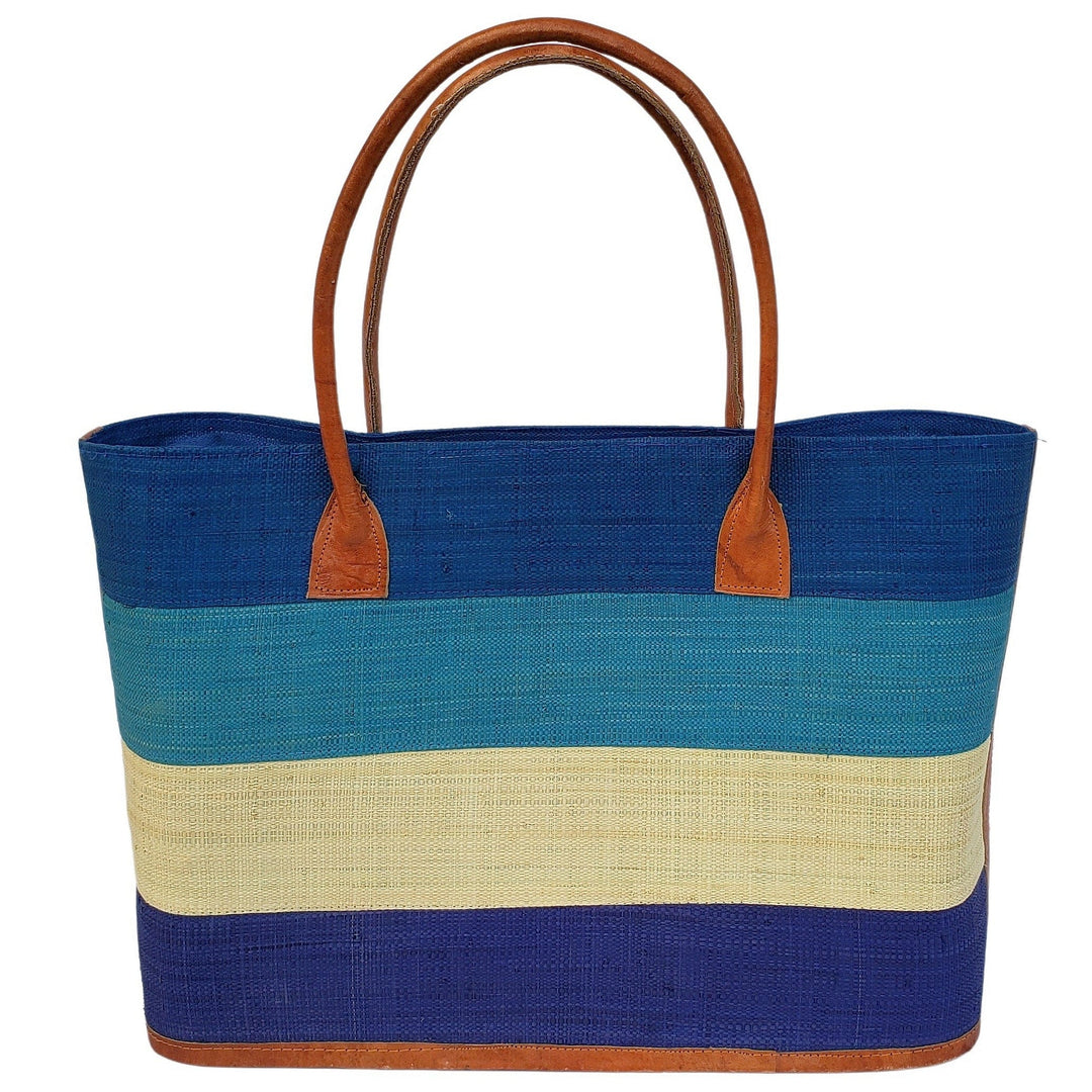 Ange: Hand Woven Raffia and Leather Madagascar Three Stripe Hand Bag (Blue)