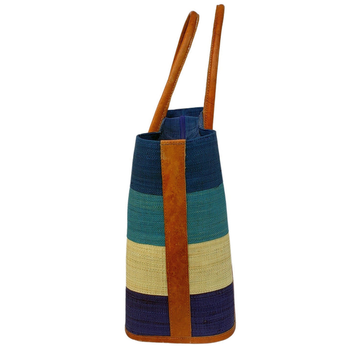 Ange: Hand Woven Raffia and Leather Madagascar Three Stripe Hand Bag (Blue)