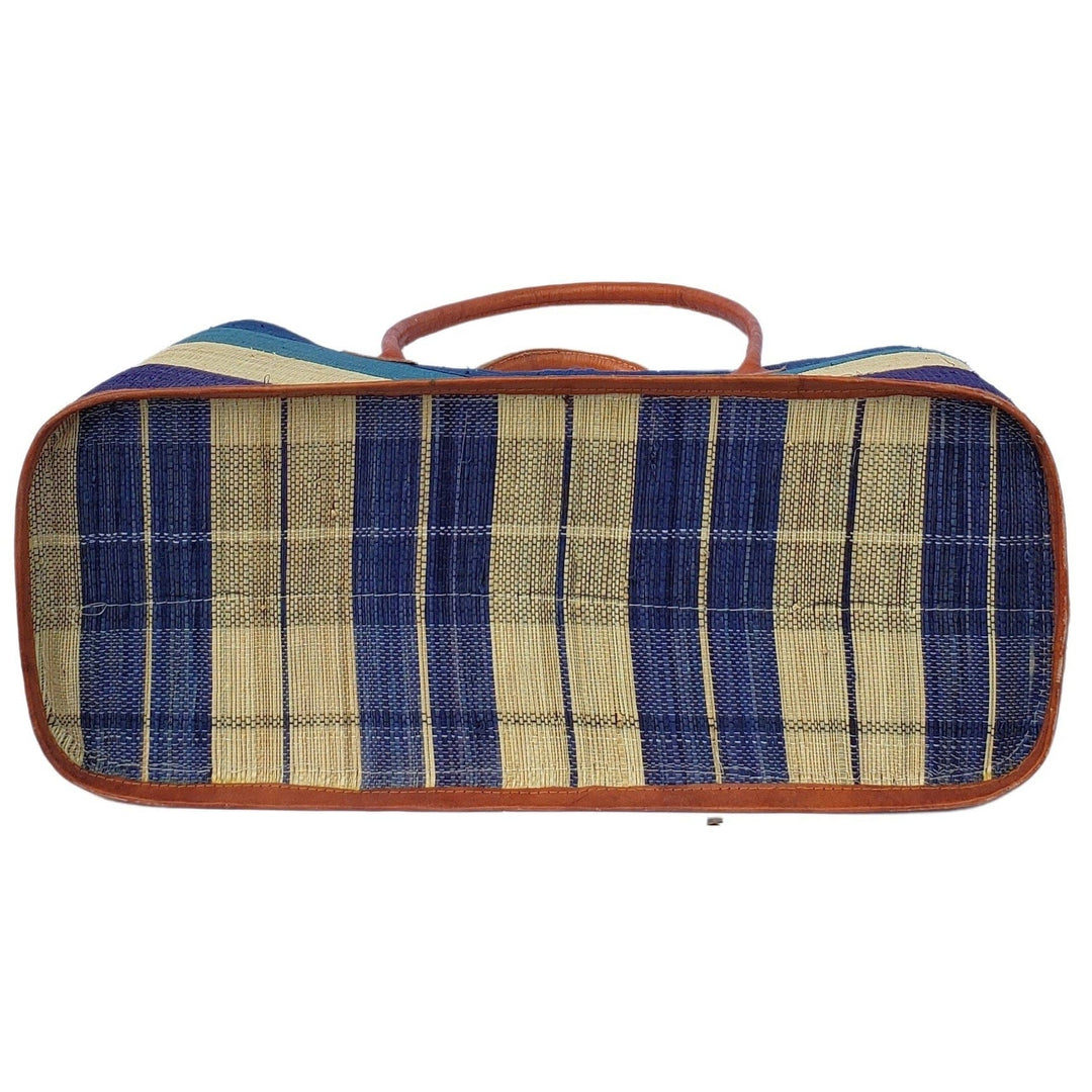 Ange: Hand Woven Raffia and Leather Madagascar Three Stripe Hand Bag (Blue)