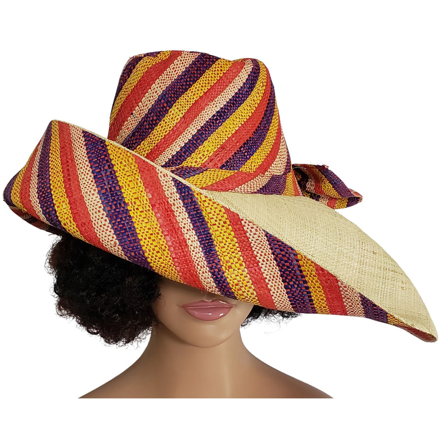 Kes: Hand Woven Multi-Color Madagascar Big Brim Raffia Sun Hat