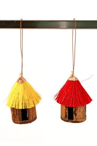 Authentic African Hand Made Colorful Sisal & Banana Fiber Hut Ornaments (Set of 4)