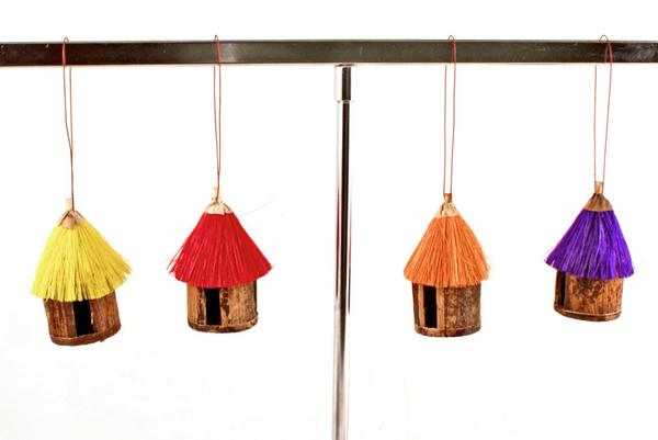 Authentic African Hand Made Colorful Sisal & Banana Fiber Hut Ornaments (Set of 4)