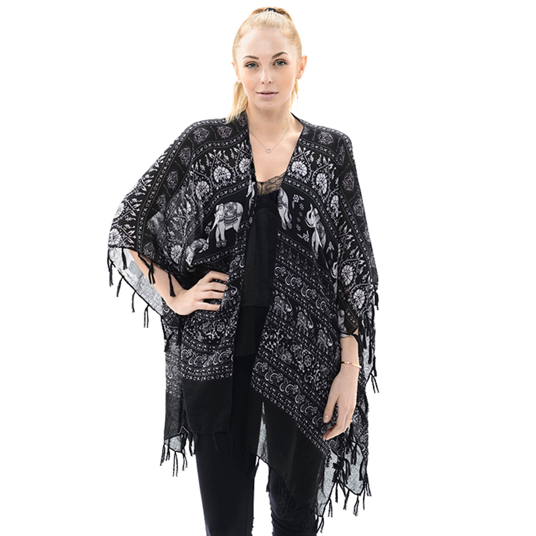 Black and Whtie Elephant Shawl/Poncho with Tassels and Tribal Accents ...