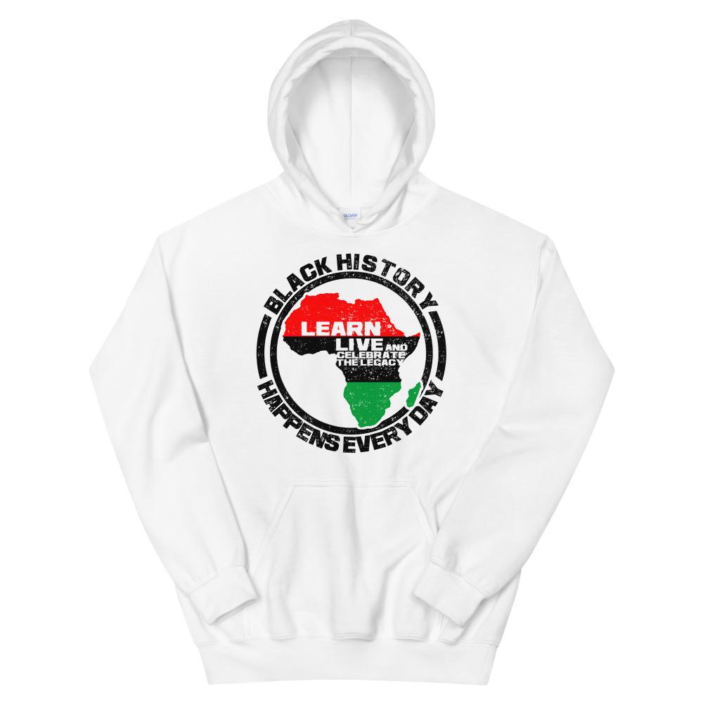 7 of 16: Black History Happens Everyday Unisex Hooded Sweatshirt (White)