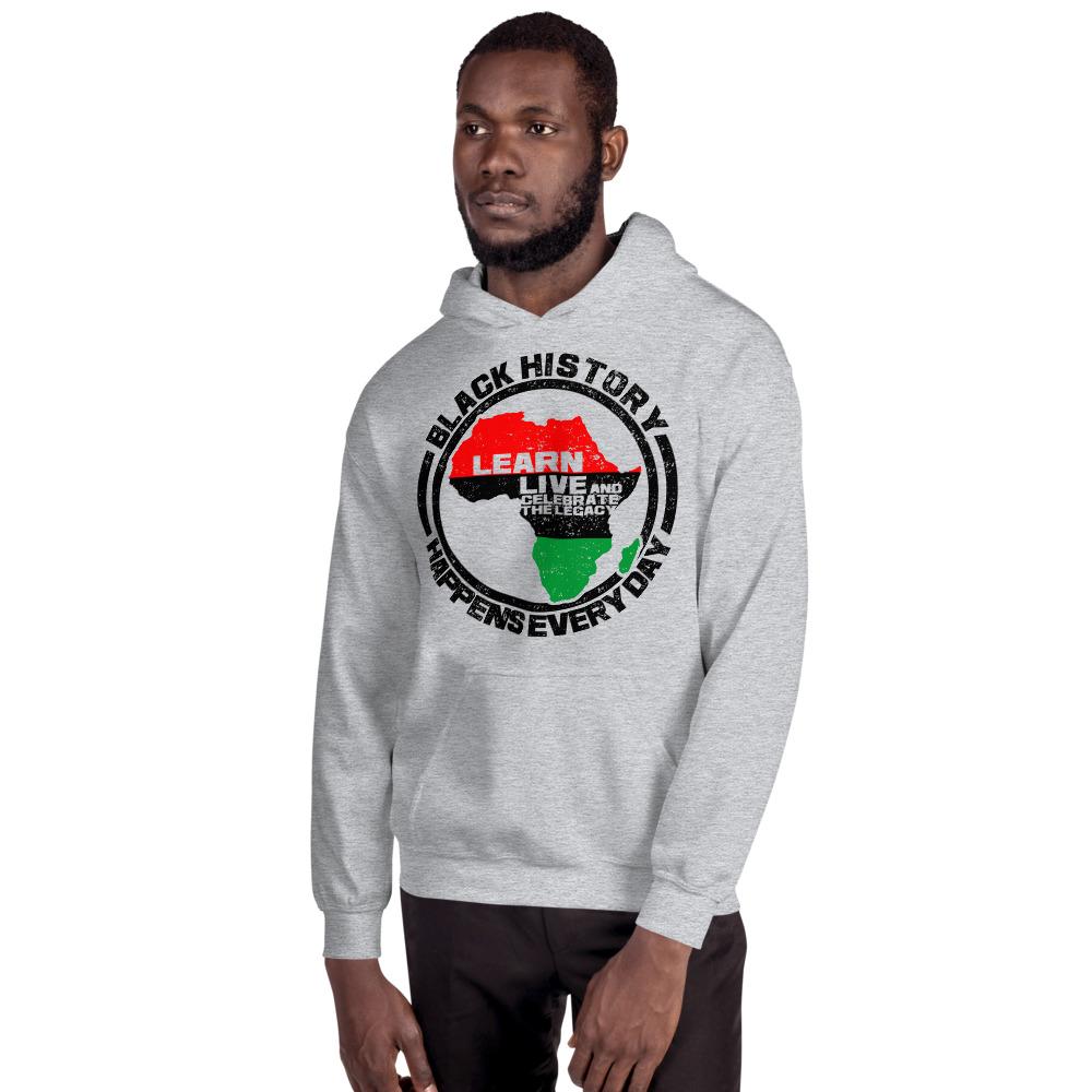 Black History Happens Everyday Unisex Hooded Sweatshirt (Ash)