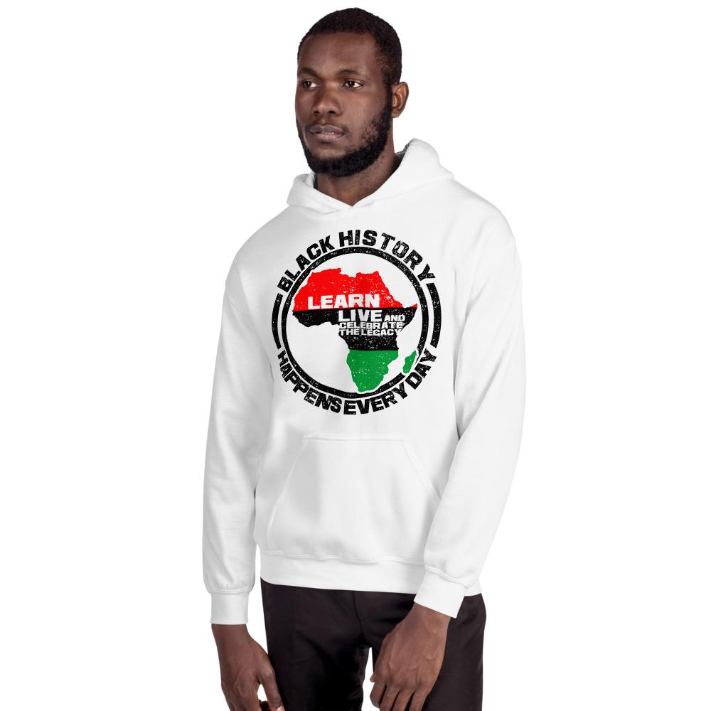 Black History Happens Everyday Unisex Hooded Sweatshirt (White)