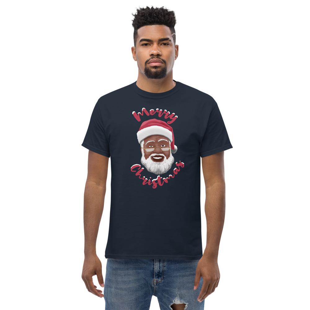Merry Chirstmas: African American Santa Claus Short Sleeve T-Shirt (Navy)