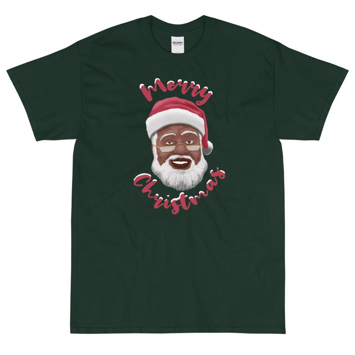 Merry Chirstmas: African American Santa Claus Short Sleeve T-Shirt (Forest Green)