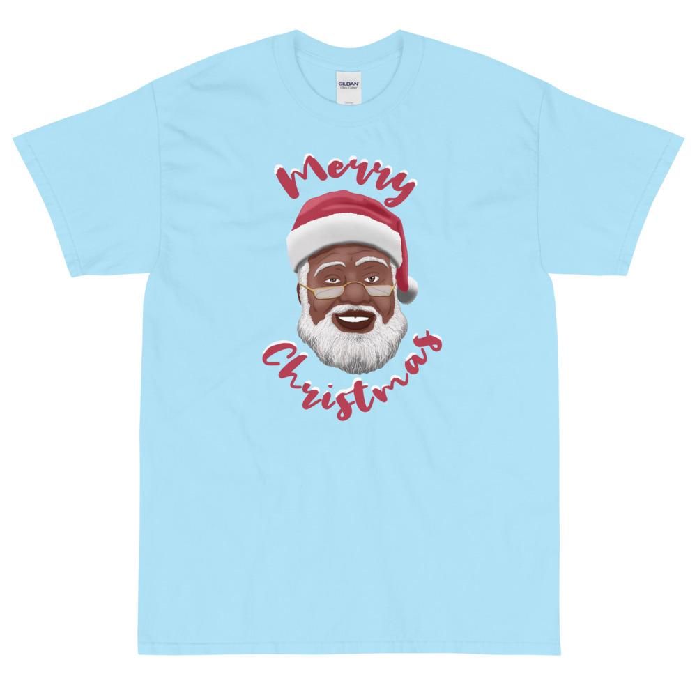 Merry Chirstmas: African American Santa Claus Short Sleeve T-Shirt (Sky)