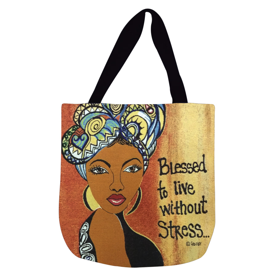 Blessed to Live Without Stress: African American Woven Tapestry Tote by Sylvia "GBaby" Cohen