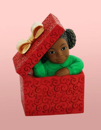 African American Christmas Girl In Box Figurine 