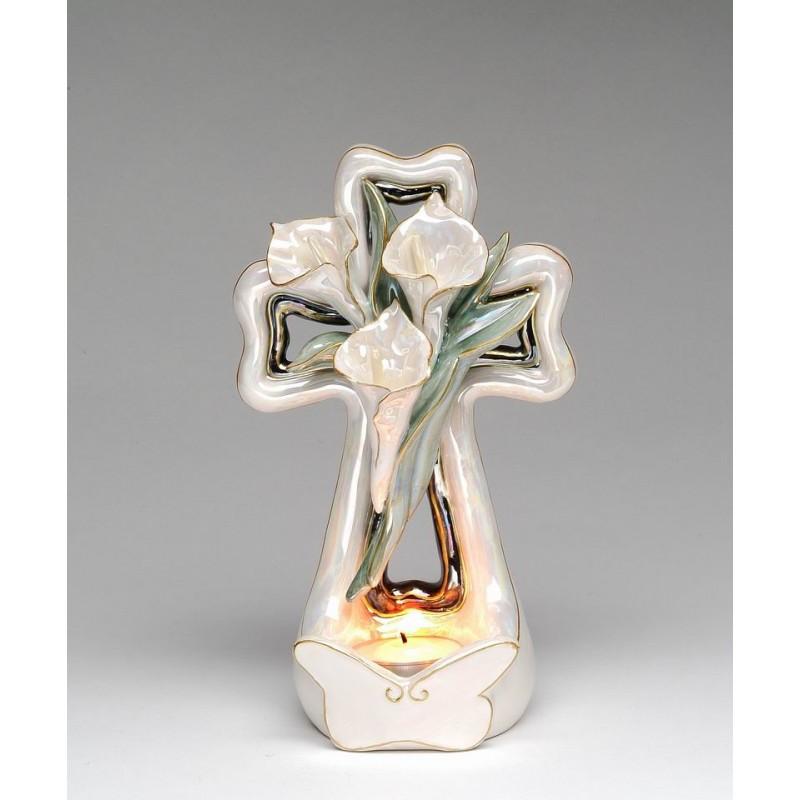 White Calla Lily Cross Tea Light Holder by Cosmos Gifts