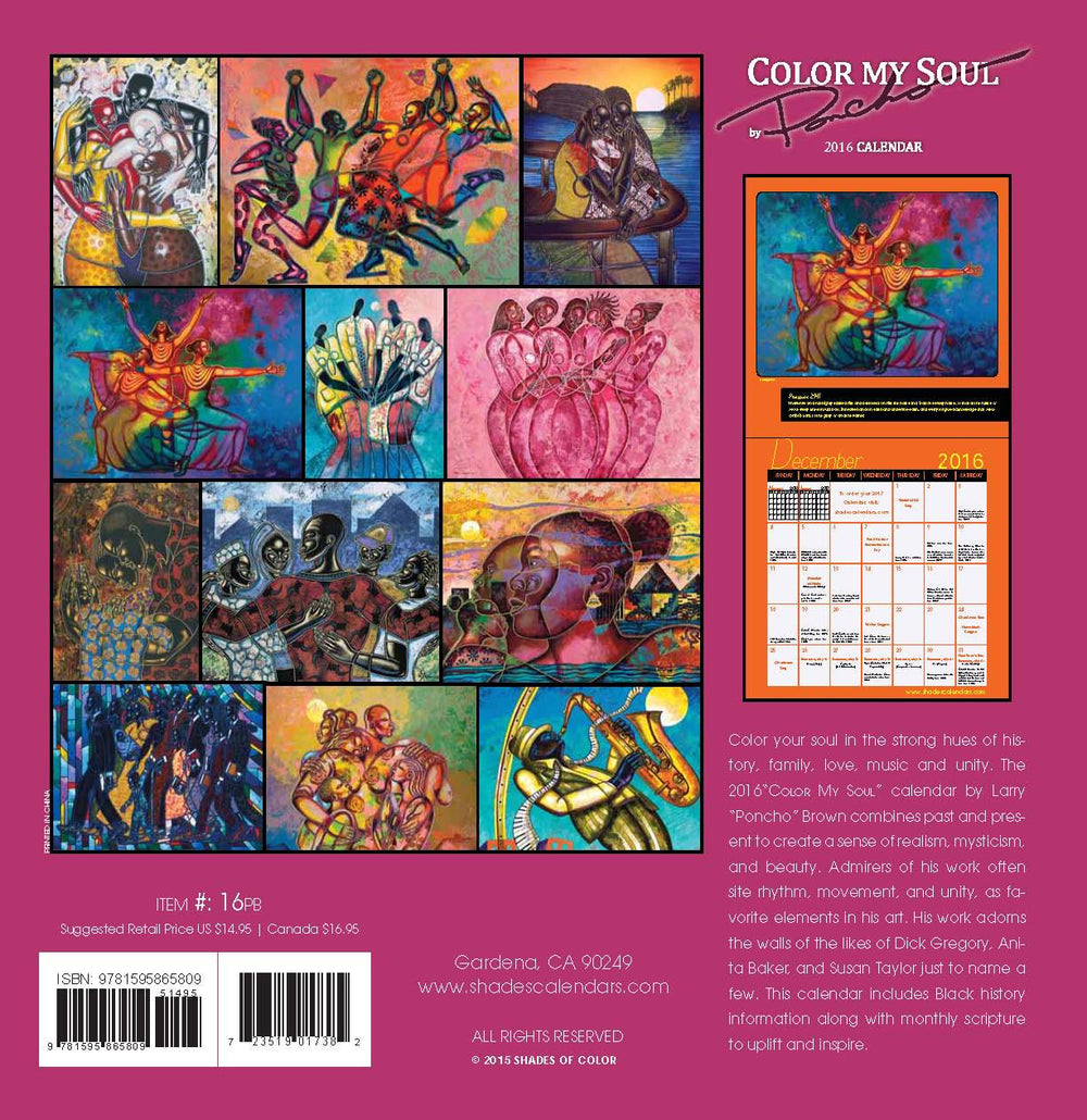 Color My Soul: Art of Poncho 2016 African American Wall Calendar (Back)