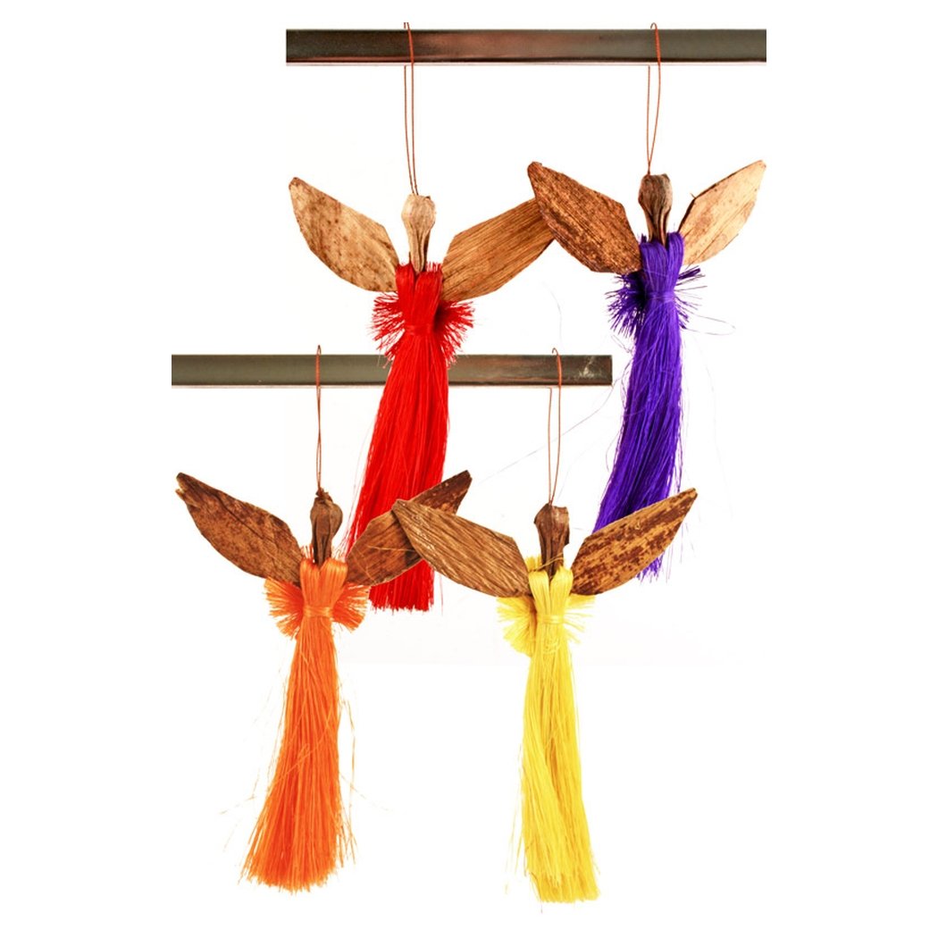 1 of 4: Authentic African Hand Made Colorful Sisal and Banana Fiber Angel Ornaments (Set of 4)