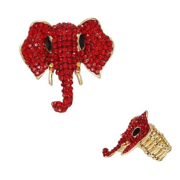Sparkling Stone Embellished Elephant Stretch Ring (Crimson)