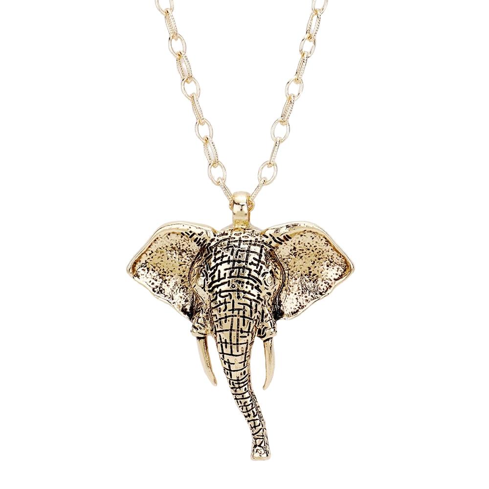 Delta Sigma Theta Inspired Antique Metal Elephant Long Necklace (Gold Tone)