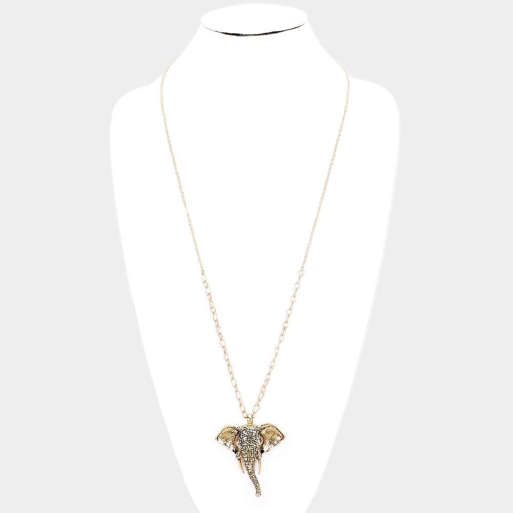 Delta Sigma Theta Inspired Antique Metal Elephant Long Necklace (Gold Tone)
