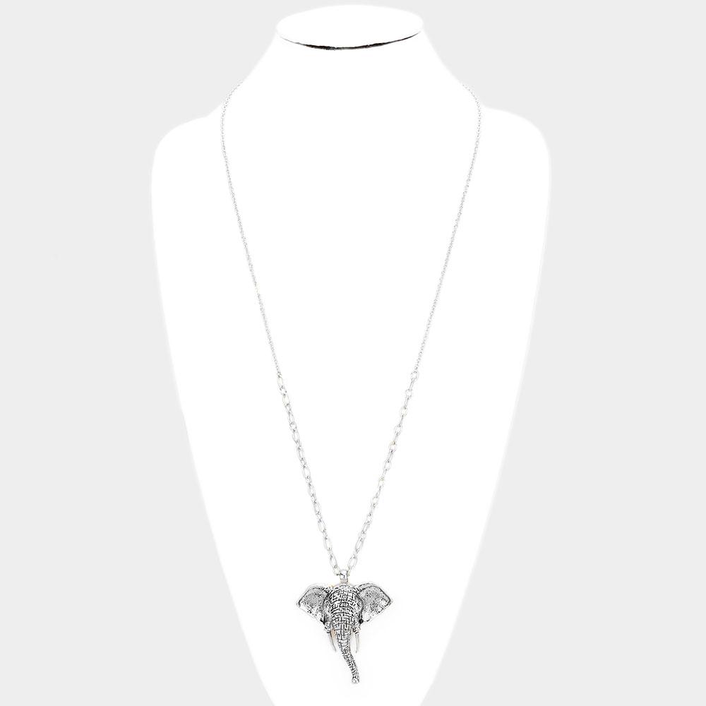 Delta Sigma Theta Inspired Antique Metal Elephant Long Necklace (Silver Tone)