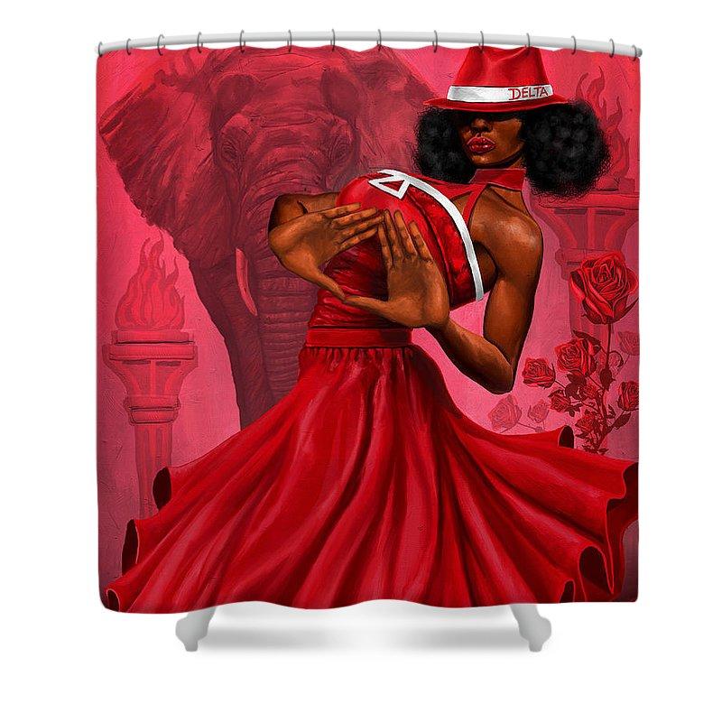 Red and White Diva Divine Shower Curtain by Dion Pollard