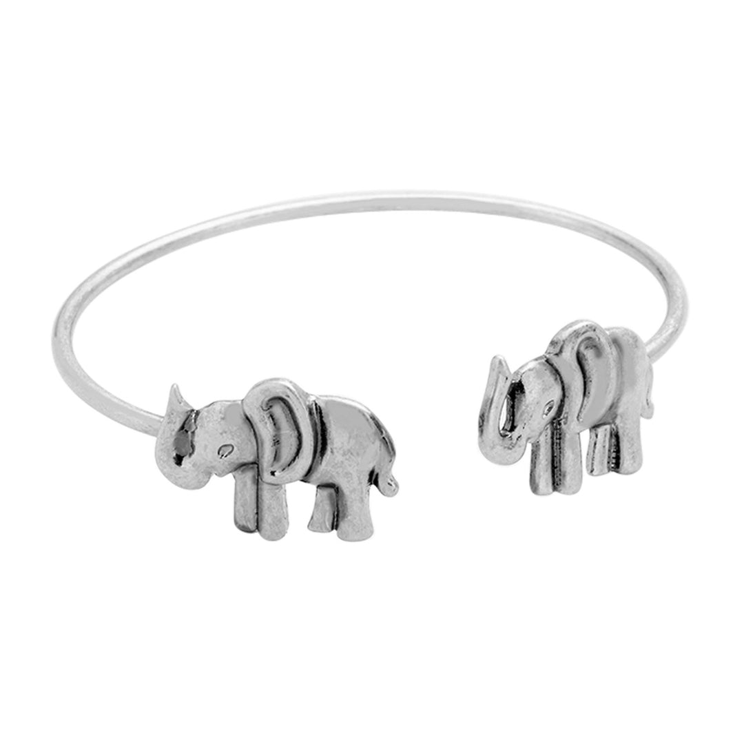 Burnished Dual Elephant Tip Cuff Bracelet (Silver Toned)