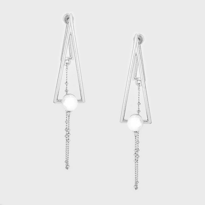 Delta Sigma Theta Inspired Pyramid and Pearl Silver Toned Earrings