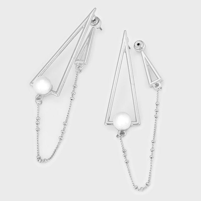 Delta Sigma Theta Inspired Pyramid and Pearl Silver Toned Earrings