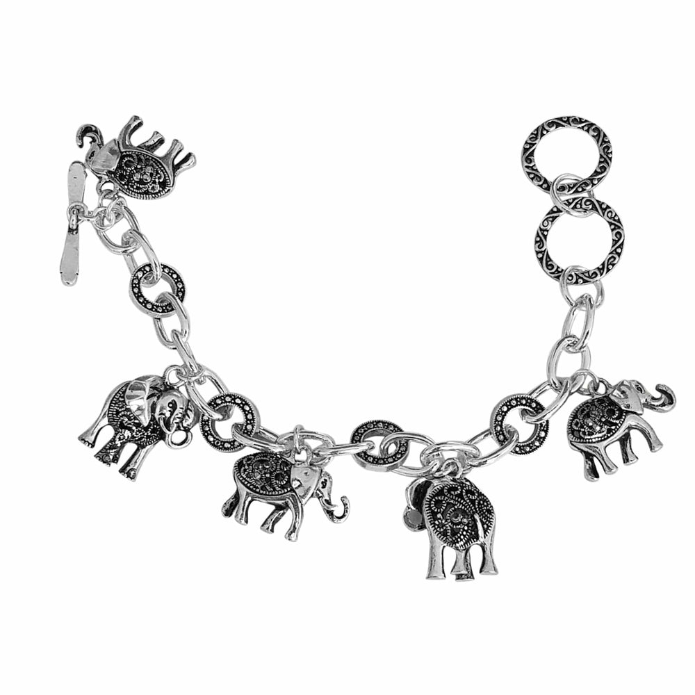 Silver Toned Adjustable Elephant Charm Bracelet with Toggle Clasp