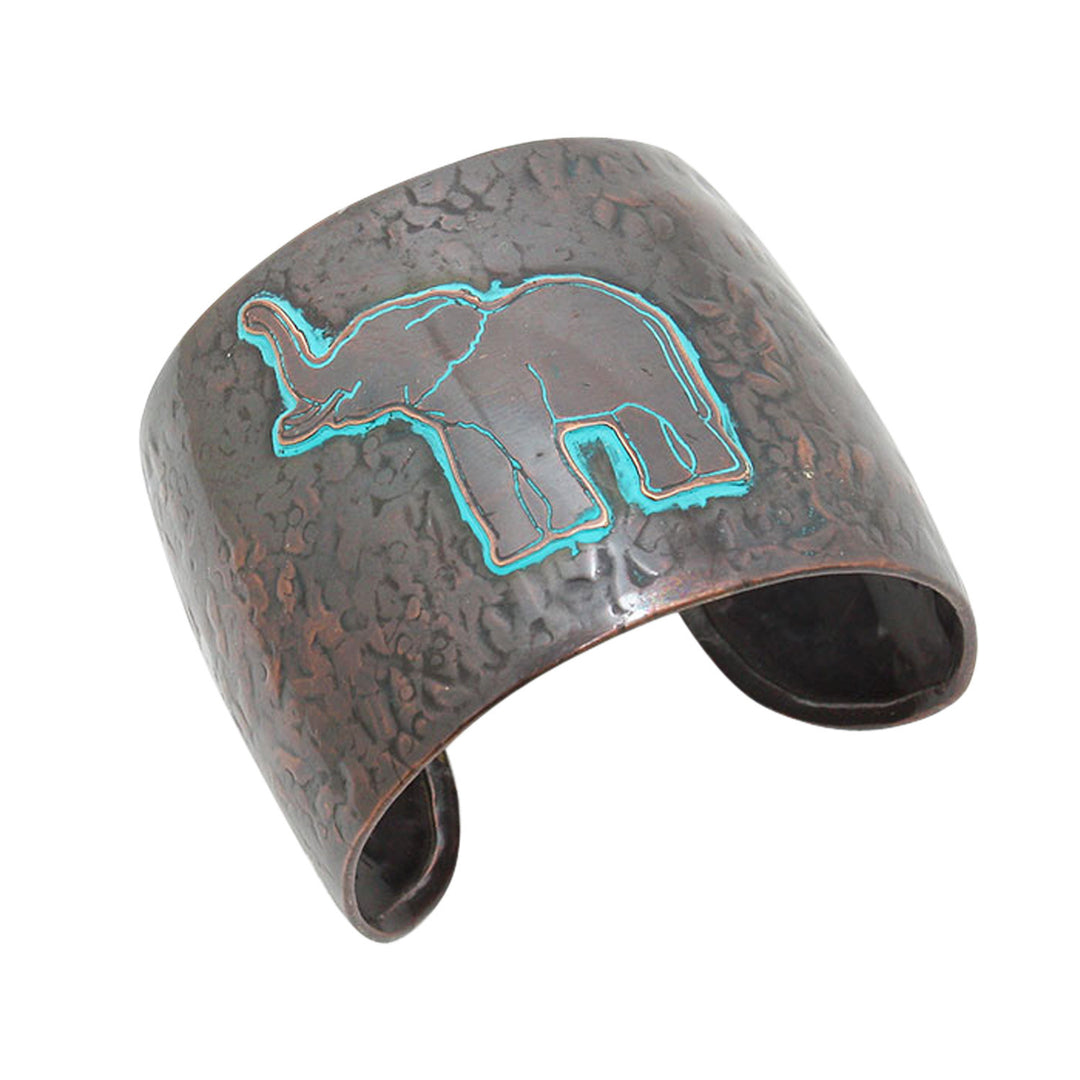 Copper Toned Elephant Cuff Bangle with Turquoise Accent