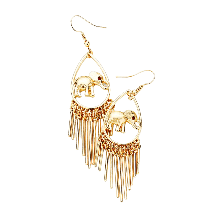 Gold Toned Elephant Teardrop Dangle Earrings with Fringes